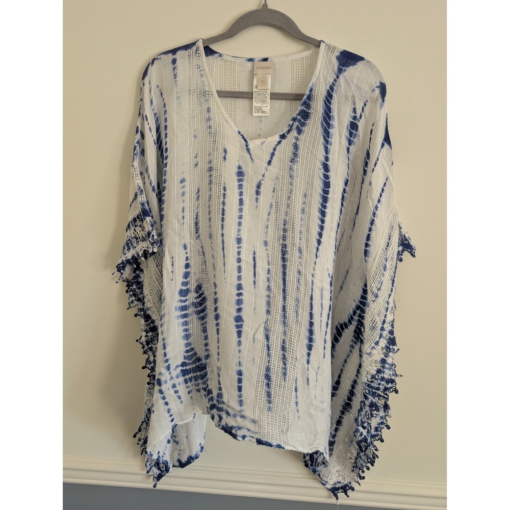 Chicos Womens Blue White Tie Dye Poncho Top Crochet L/XL cover up beachy resort